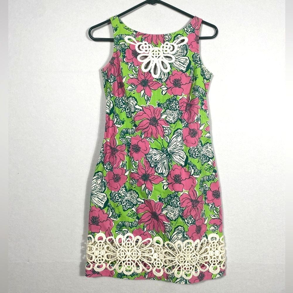 Lilly Pulitzer Floral Sleeveless Shift Dress w/Lace Accents & butterflies size 0